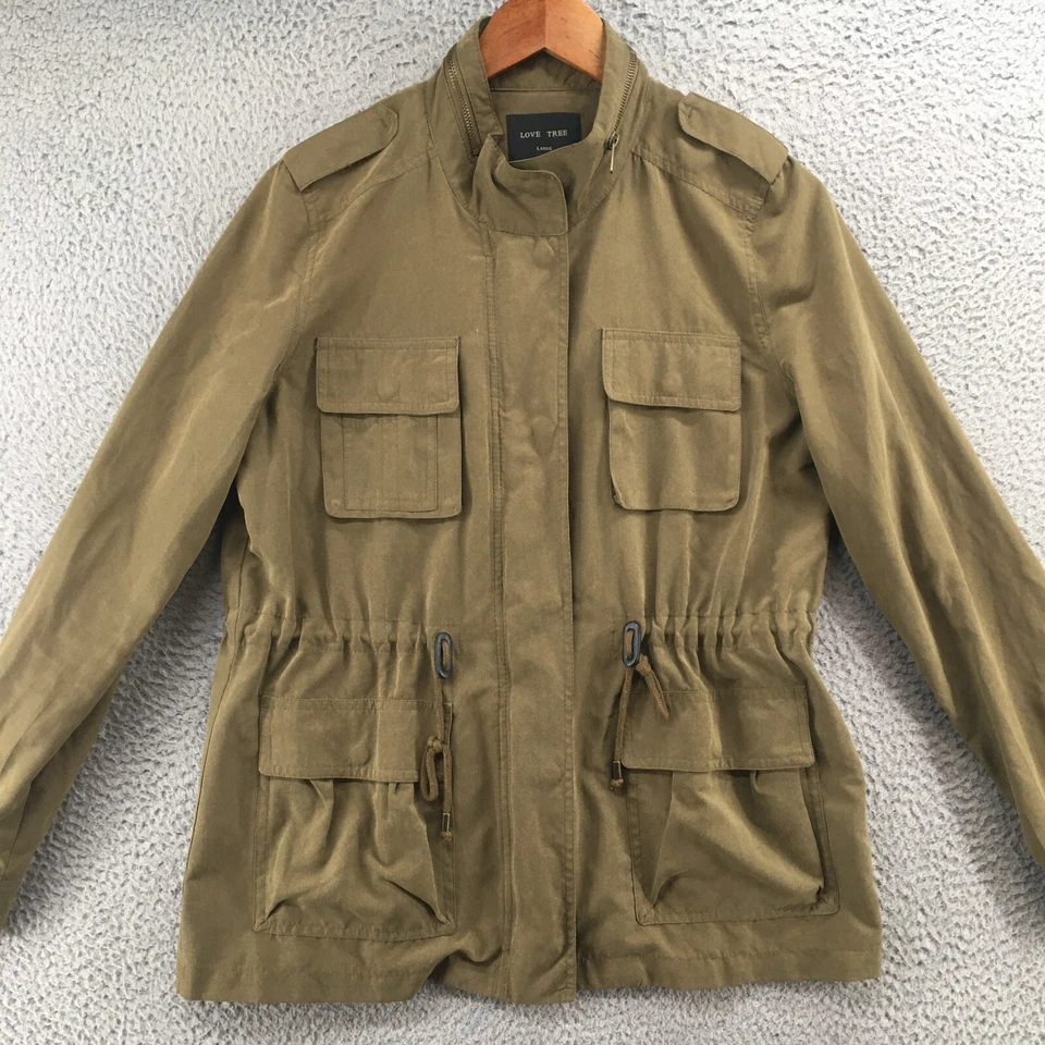 Chaqueta utilitaria Love Tree para mujer grande verde manga larga bolsillos cuello falso informal Foto 2 de 4