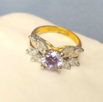Ring Amethyst & kristallklar ~ Gold auf 925 Sterling Silber signiert EDCO Größe 9 