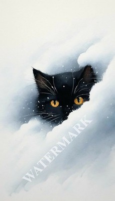 Digital Image Snow Black Kitty Cat Cozy Picture Wallpaper Desktop Wall Art A14