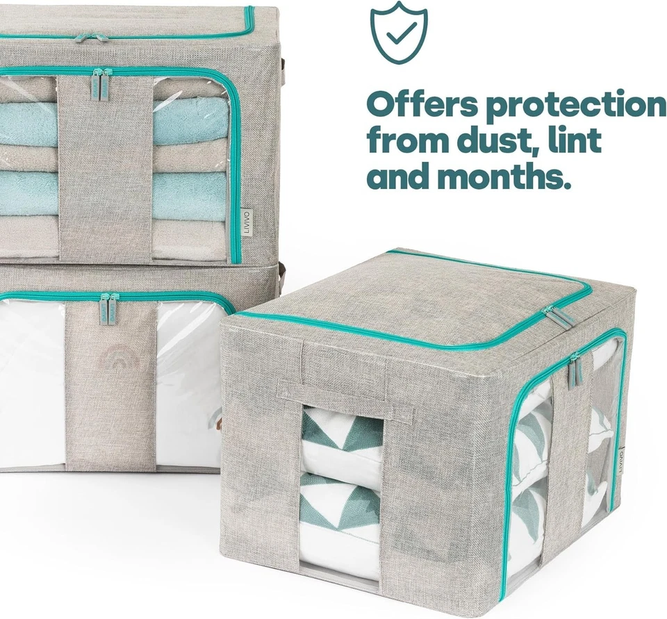LIVIVO 3 Foldable Storage Boxes–66L with Steel Frame, Windows & Zips(Grey/Green) - Image 4 of 4