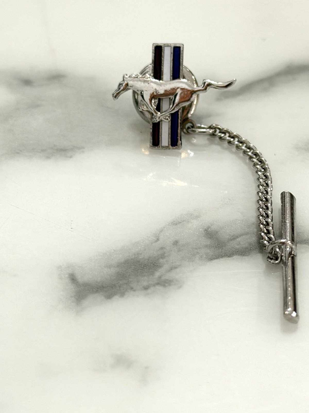 Ford Mustang Tie Tack Lapel Pin Running Horse Silver Tone Chain Bar Back 