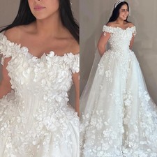 Off the Shoulder Shinny 3D Pearls Flowers Wedding Dress Vintage Bridal Gown
