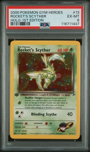 2000 POKEMON GYM HEROES HOLO - 1ST EDITION #13 ROCKET'S SCYTHER PSA 6 Swirl