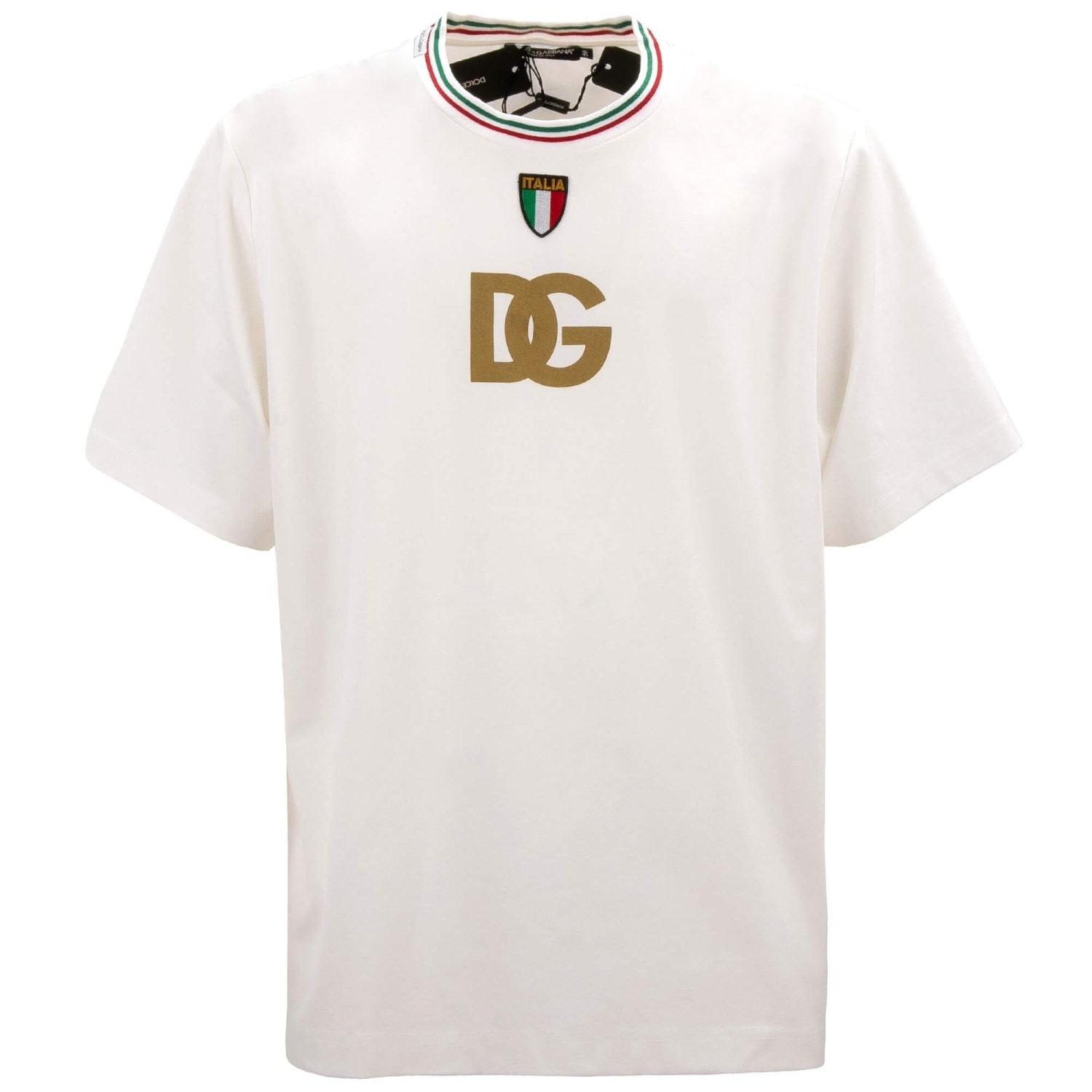 DOLCE & GABBANA DG Logo Italy Flag Oversized Cotton T-Shirt White Gold