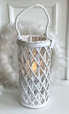 Shabby Windlicht Laterne  Weide / Holz Weiß mit Glaseinsatz, H: 31 cm, Ø: 14 cm