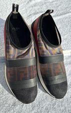 Zapatillas sin cordones Real Fendi Zucca Logo Negro Marrón Rojo Malla FF Monograma Estampado 36