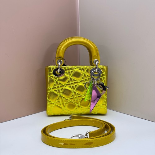 Authentic Dior Lady Dior Mini Yellow Patent Leather Cannage Bag Silver Hardware