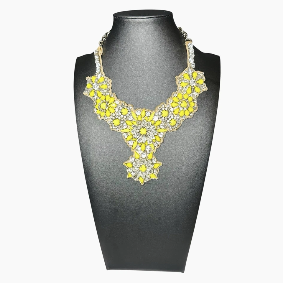 VALENTINO Fluoro Flowers Crystal Satin Bib Necklace Statement Collar Sign Yellow - Image 4 of 4