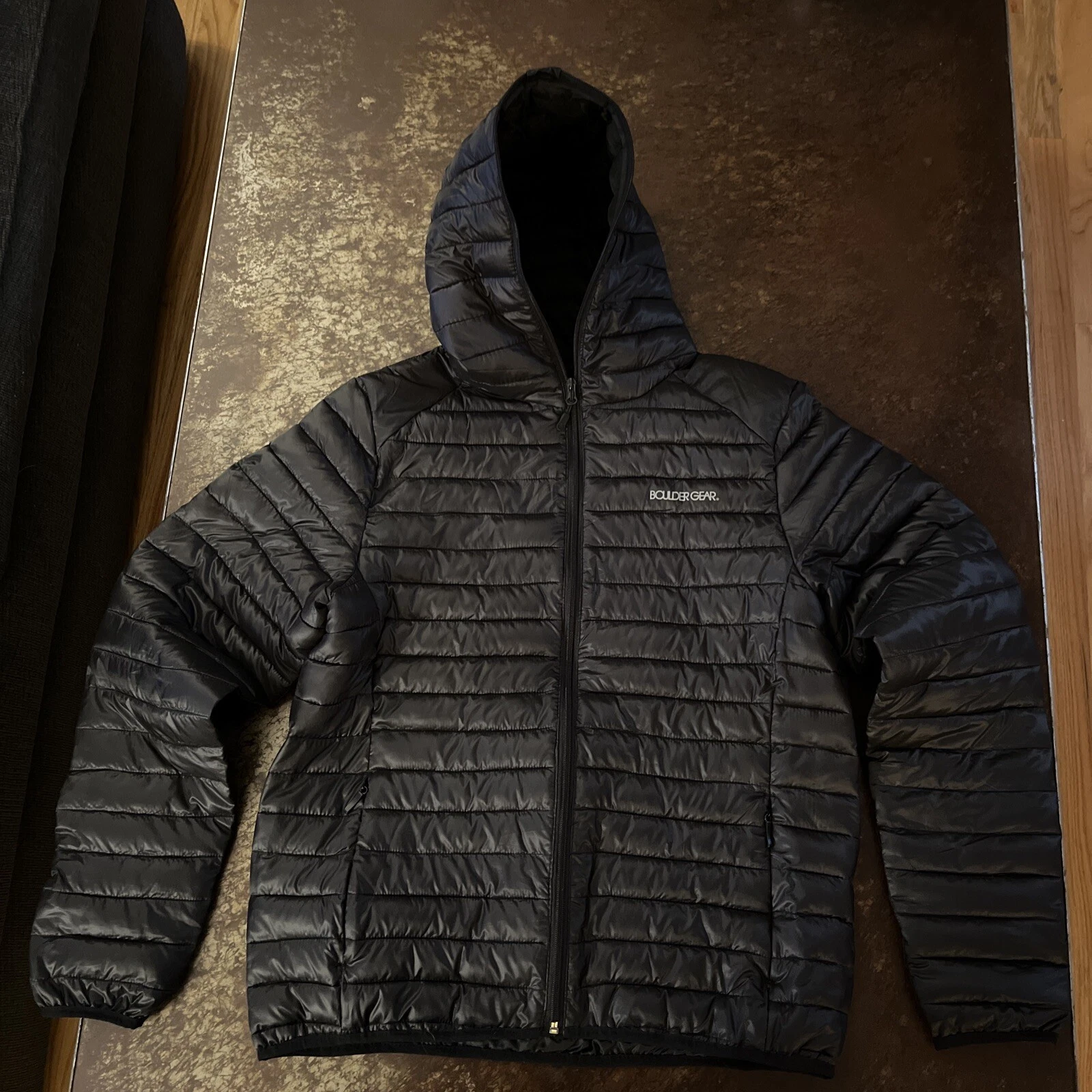 Boulder Gear men’s Packable D-Lite Hooded Black Puffer Jacket 2824R Size Medium