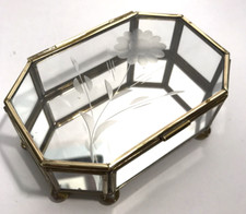 Glass and Brass Octagon Jewelry Trinket Box Mirrored Base Etched Hinged Lid Vtg