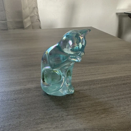 Fenton Blue Iridescent Glass Grooming Cat Figurine Hand Painted Signed Snowman