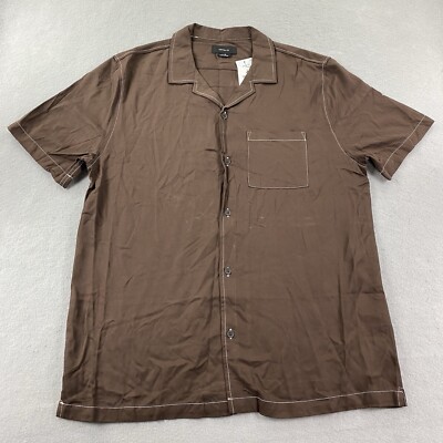 Cotton On Shirt Mens Large Brown Button Up Riviera Viscose Comfort Casual