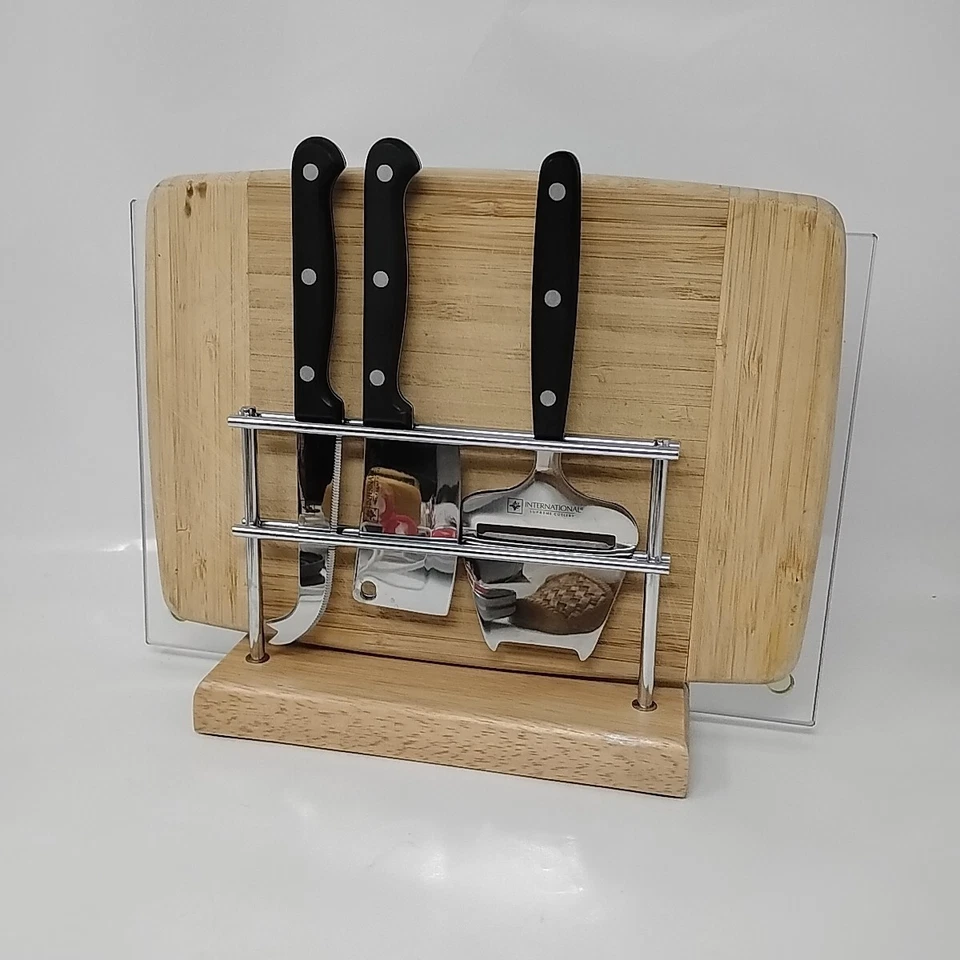 6 Piece International Supreme Cutlery Cheese Set Stand Glass & Wooden Board - Image 2 of 4