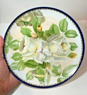Vintage Deutschland Bayern Teller Porzellan Weiß Grün Rose Blume Handbemalt