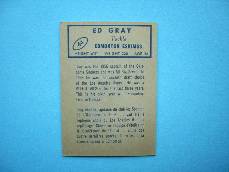 1962 TOPPS CFL FOOTBALL CARD #44 ED GRAY NM SHARP!! '62 TOPPS - Image 2 of 2