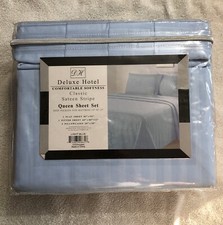 Deluxe Hotel Light Blue 6 Piece 100 Polyester Sateen Stripe Bed Queen Sheet Set