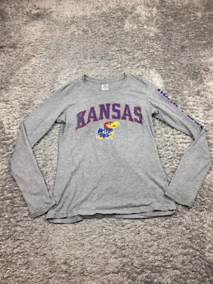 KU Jayhawk T Shirt Womens Size Medium Gray Long Sleeve Russell
