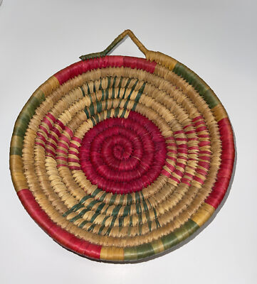 Woven Coil Natural Fiber Basket Handle Colorful   Bohemian 10.5  Round