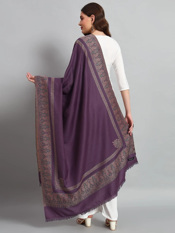 Bufanda O Chal De Lana Paisley Morado Y Plateado Jamawar Pashmina - Imagen 4 de 4
