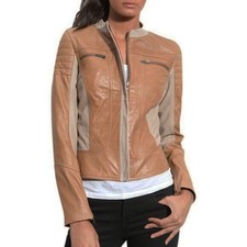 Leith Quilted Leather Racer Jacket Sz Xs Camel-beige