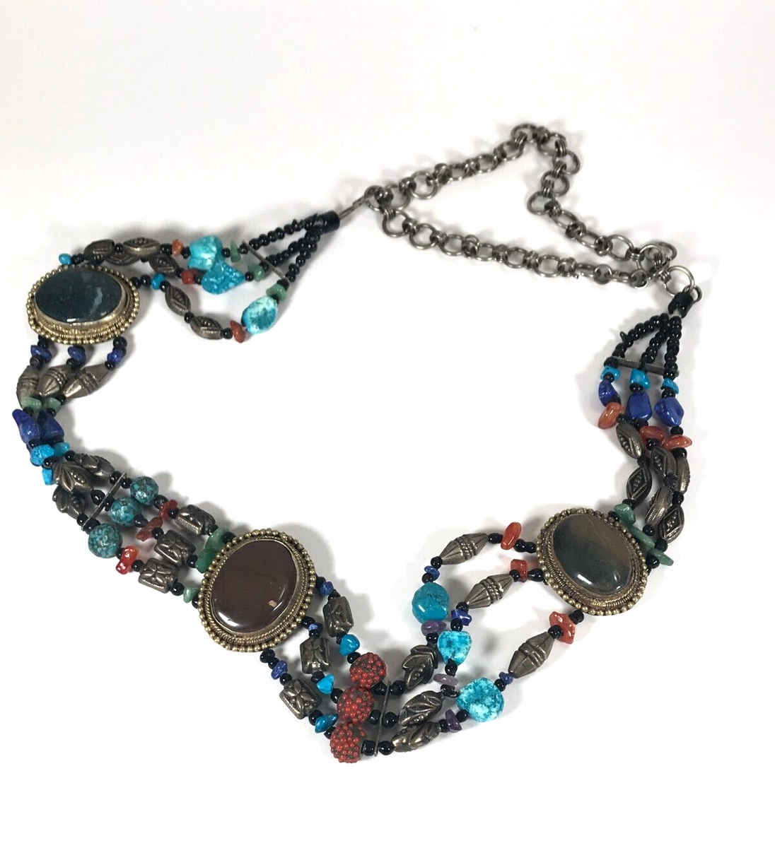 Women's Chain Belt XS Silver Gold VTG Beaded Stones Boho Colorful