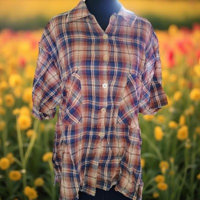 Vintage Basic Edition Women's Large Short Sleeve Flannel Button Up Blue Red...