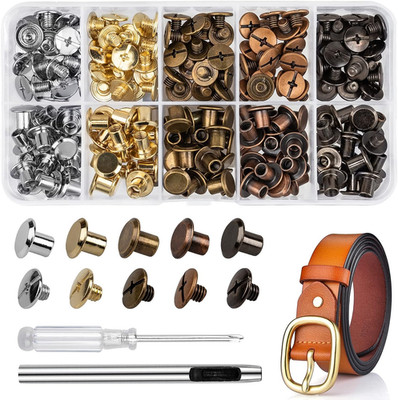 100 Sets Chicago Screws Rivets 7/20'' 5 Colors for DIY Leather Craft Belt Repair