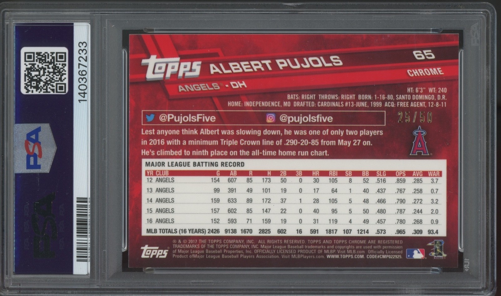 2017 Topps Chrome Gold Wave Refractor #65 Albert Pujols /50 Gem Mint PSA 10 view 2