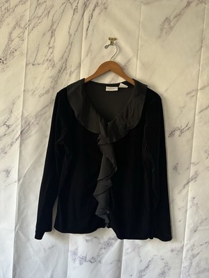 VINTAGE JACLYN SMITH CLASSIC VELVET RUFFLE LONG SLEEVE BLACK TOP WOMENS LARGE