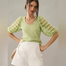 DOLAN Sheer Mesh Polka Dot Puff Ruffle-Sleeve Ribbed Light Green Top Size Medium