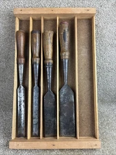 4 Pc.Vintage Large Wood Chisel Set, Geo.Parr,PS&W,TMC With Storage Tray