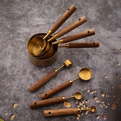 1/4/8Pcs Gold Wooden Handle Stainless Steel Measuring Cups Spoons Baking Tools C