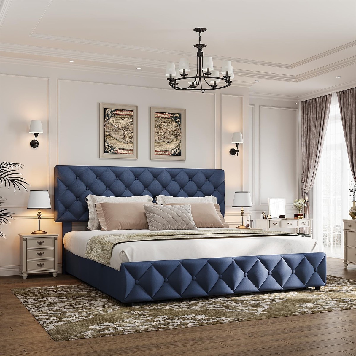 Full Queen King Size Bed Frame w/4 Drawers,Linen Upholstered