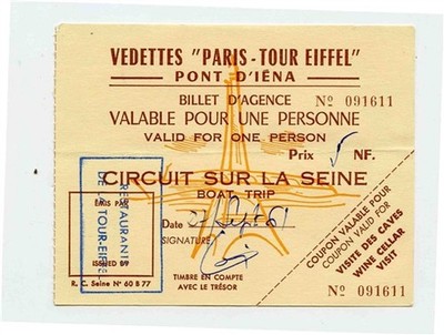 1961 Vedettes Paris Tour Eiffel Circuit Sur La Seine Used Ticket