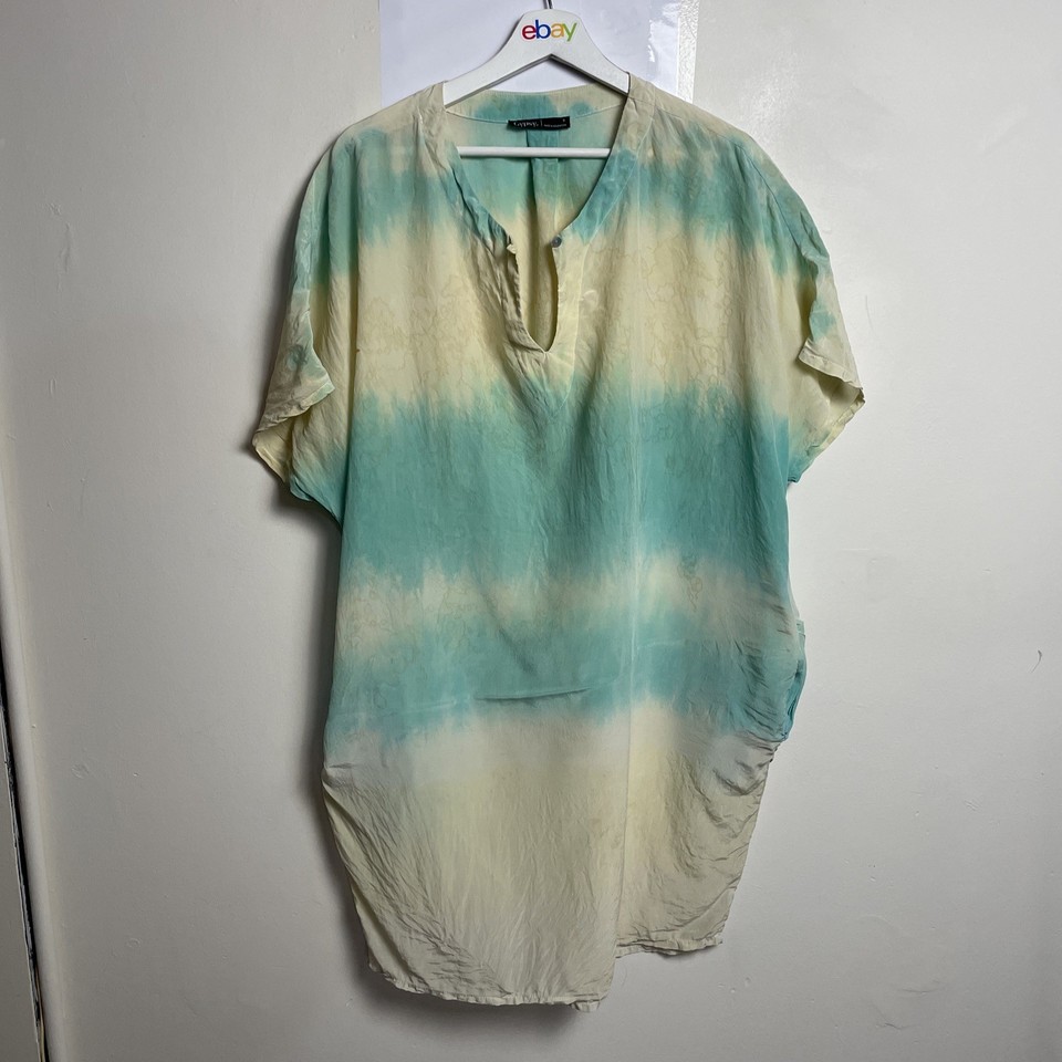 Gypsy Silk Tunic Dress Size S Kaftan Green Blue Made In Hollywood USA Sleeveless