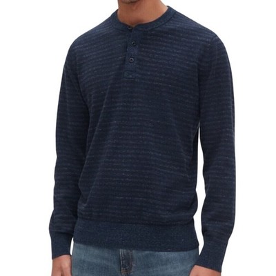 GAP Mens Mainstay Crew Henley Sweater Navy Blue Striped Cotton Blend Medium Nwts