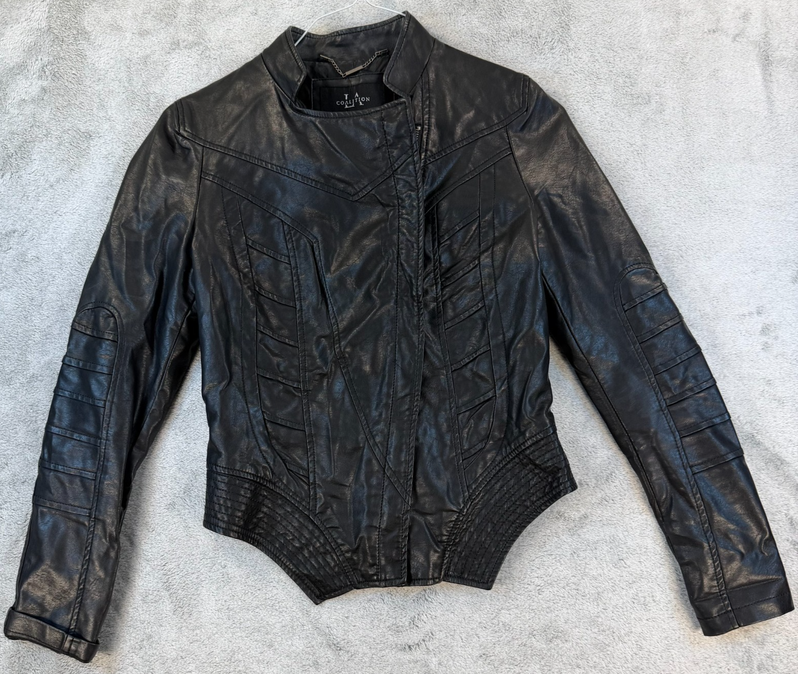 LA Coalition Vegan Leather Moto Jacket Women XS Black Fitted Asym Zip