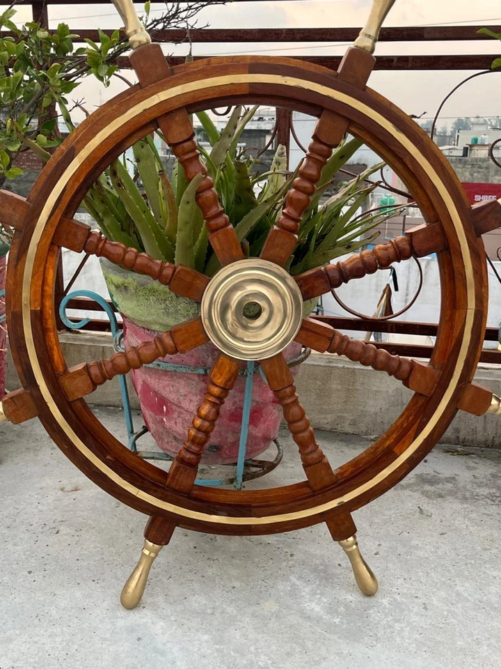 大型航海船轮 36 英寸黄铜轮毂 8 辐条木制头盔装饰使用礼品 — 第 2/4 张图片