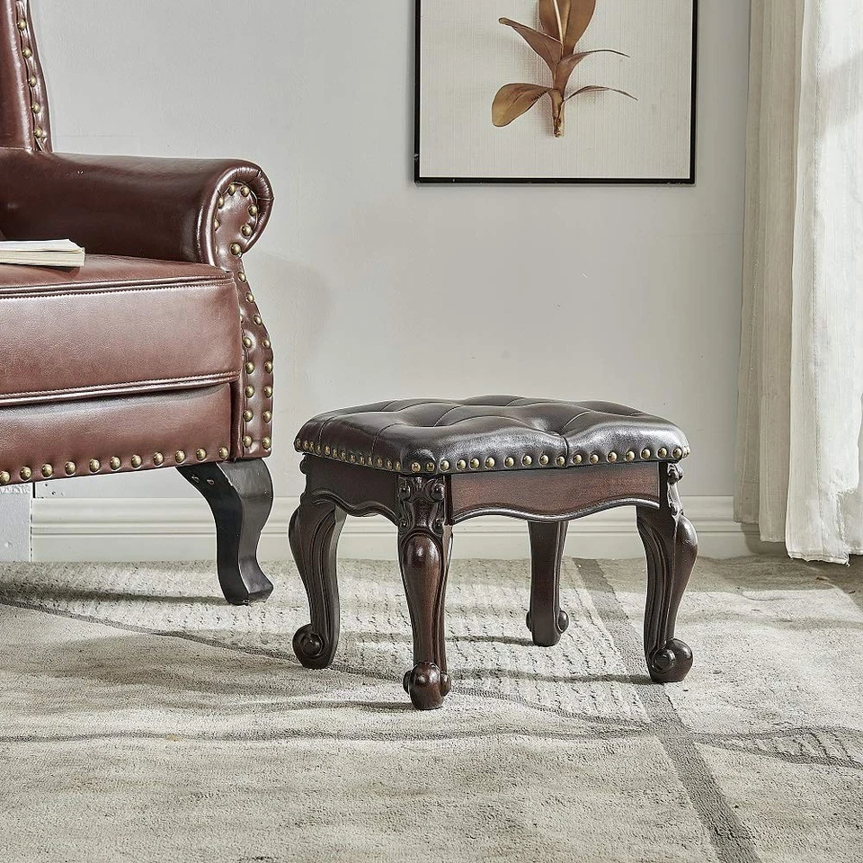 Small Footstool Brown Leather Ottoman,Vintage Carved Upholstered Footrest, Ru... - Image 4 of 4