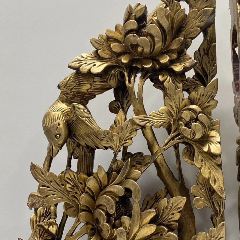 Giltwood Carved Panels. 22 inch Tall Floral & Phoenix Relief -Wood Sculpture - Image 2 of 4