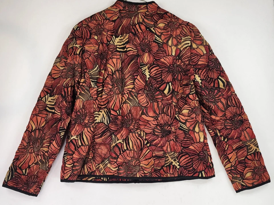 Chaqueta R Q T Mujer Grande Naranja Negra Floral Grannycore Acolchada Boho Cremallera Completa Foto 2 de 4