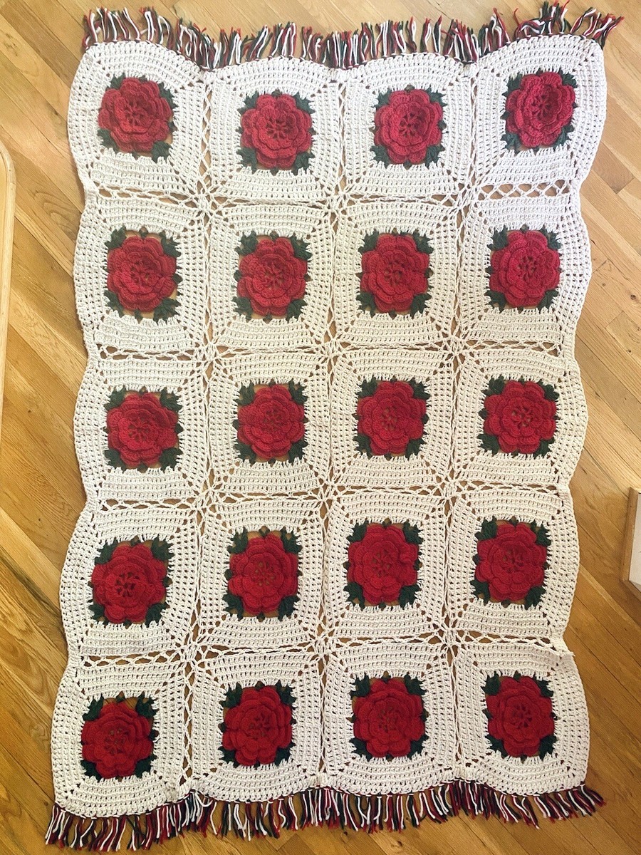 Vintage Crochet Afghan Blanket 3D Rose Throw Handmade Granny