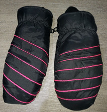 girls black WINTER MITTENS GLOVES bold pink trim THICK LINED great cond 7-14 yr