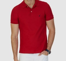  65 Nautica Men's Slim-Fit Red Short-Sleeve Polo Button Top Cotton Logo Shirt S