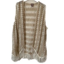 Chicos Size 3 Duster Women's Tan Vest Crochet Open Front Sleeveless Fringe