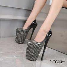 Womens 22cm Super High Heels Snake Printed Pumps Platform Party Nightclub Shoes