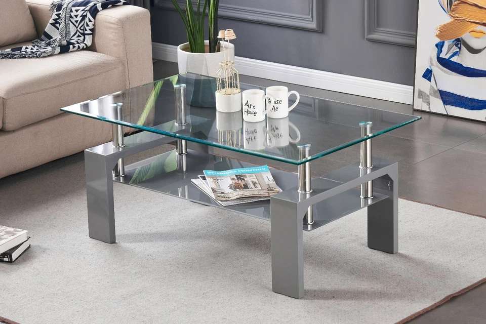 Coffee Table Clear Glass Top with Grey Shelf and Grey High Gloss Legs Modern - Image 3 of 4