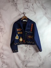 Vintage Jacket Womens Medium Wool Crop Embroidered Fish Turtle Tribal Blue Coat