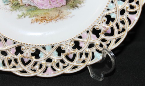 Two Antique Dresden Porcelain Reticulated Cabinet Plate Love Scene - Picture 9 of 13