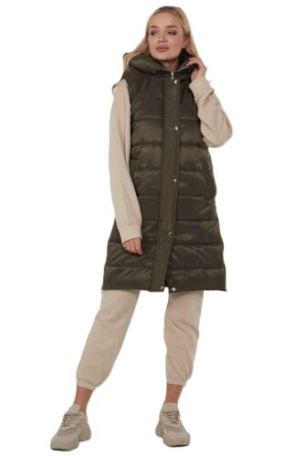 WOMENS GILET HOODED LONG LINE PUFFER JACKET PADDED TOP OLIVE BODY WARMER 8-18 - Picture 2 of 3